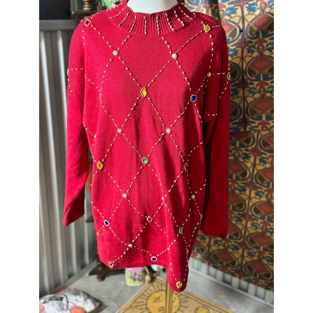 Victoria Jones 1X‎ Red Beaded Embellished Diamond Knit Sweater